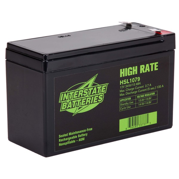 Interstate Batteries 12V 9Ah High Rate Battery (HSL1079) Rechargeable Sealed Lead Acid SLA AGM (F2 Terminal) UPS APC Backup Power Systems, Alpha Technology Devices, American Power Conversion Devices