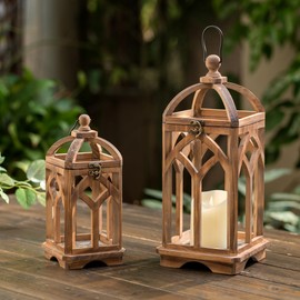Staymoment Wooden Decorative Candle Lanterns Set of 2, Indoor Rustic Hanging Candle Holder for Table Centerpiece Fireplace Mantle Shelf, 12" & 16" Farmhouse Home Decor for LED & Real Candle, Brown
