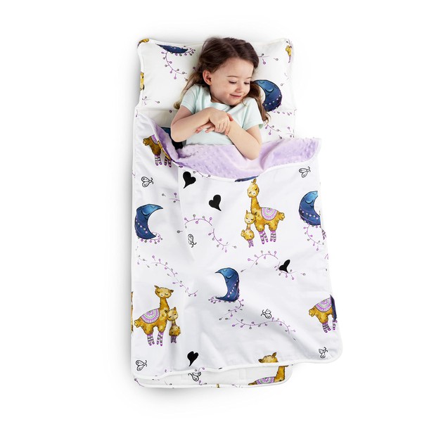 JumpOff Jo - Toddler Nap Mat for Preschool, Daycare, and Kindergarten - Sleeping Bag for Kids with Removable Pillow and Ultra Soft Blanket - Llama & Mama