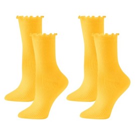 ccHuDE 2 Pairs Cute Ruffle Socks Frilly Ankle Socks Warm Soft Crew Socks Casual Dress Socks Solid Color Knit Socks Short Boot Socks Socks Yellow