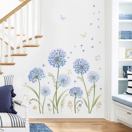 decalmile Blue Dandelion Flower Wall Decals Blooming Floral Butterfly Wall Stickers Bedroom Living Room Sofa TV Background Wall Decor