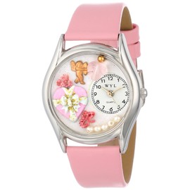 Whimsical Watches Valentine's Day Pink Leather and Silvertone Unisex Quartz Watch with White Dial Analogue Display and Multicolour Leather Strap S-1220013