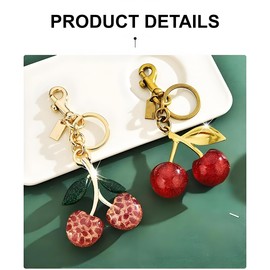 18K Gold Plated cherry Bag charms,New Cherry Charm Keychain, cherry keychains Accessory Purse,Glitter Bag Charm with Key Ring for Car Keys Charms,Cute Purse Charms for Handbags (Pink)