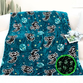 Glow in The Dark Axolotl Blanket Soft Plush Fleece Blue Blanket for Couch Bed Sofa Cute Axolotl Gifts Decor Stuff