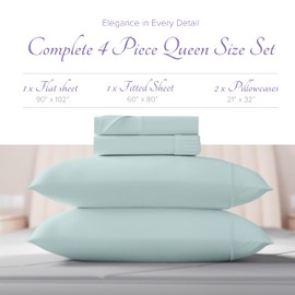 Carressa Linen 100% Egyptian Cotton Sheets - 600 Thread Count 4 PC Queen Size Sheet Set, Soft, Cooling, High Thread Count Sateen, Extra Long Staple Luxury Bedding, 16 in Deep Pocket - Seafoam Green