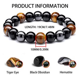 WANGENPING Pack of 2 Tricolour Natural Stone Bracelets, Tiger's Eye Bracelet, Obsidian Bracelet, Black Tourmaline Bracelet, Triple Protection, for Friends, Women, Husband, Father (10 mm, 19 cm),