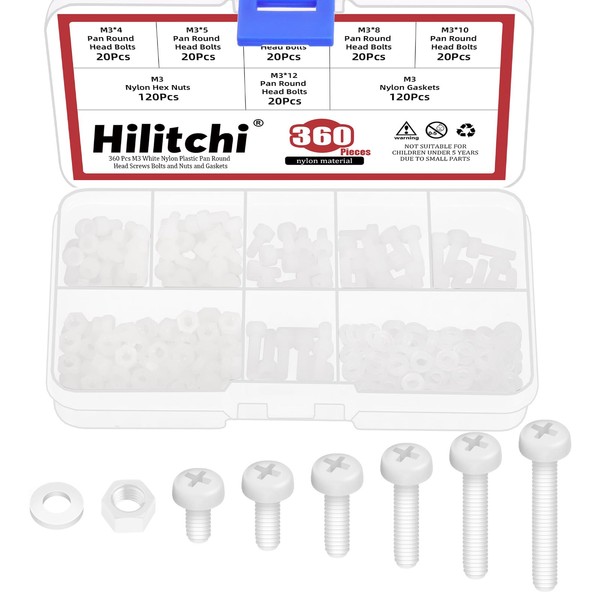 Hilitchi M3 White Nylon Plastic Pan Round Head Screws Bolts