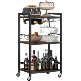 TUTOTAK TUTOTAK Bar Cart, Home Bar Serving Cart, Microwave Cart, Drink Cart, Mobile Kitchen Shelf with Wine Rack and Glass Holder, Rolling Beverage Cart for Living Room, Kitchen, Brown BC01BB032