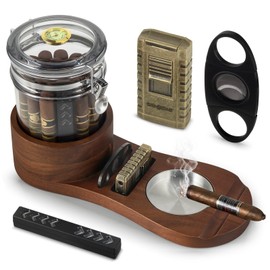 SEMKONT Cigar Humidor, Solid Wood Cigar Ashtray & Acrylic Cigar Jar Kit with Cigar Cutter, Cigar Lighter, Humidifier and Dropper, Cigar Accessories for Men, Holds About 18-20 Cigars, brown