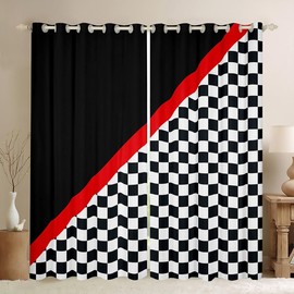 feelingyou Race Car Curtains for Windows,Black White Checkered Grid Curtains for Living Room,Racing Themed Red Stripes Geometric Blackout Drapes 2 Panel Sets,46x54L