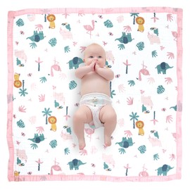 Muslin Baby Blanket, 6-Layer Cuddly Blanket, Cotton, 110 x 110 cm, Wrap Blanket, Newborn Girl, Boy Soft Blanket for Bath, Towel, Children's (Pink Elephant)