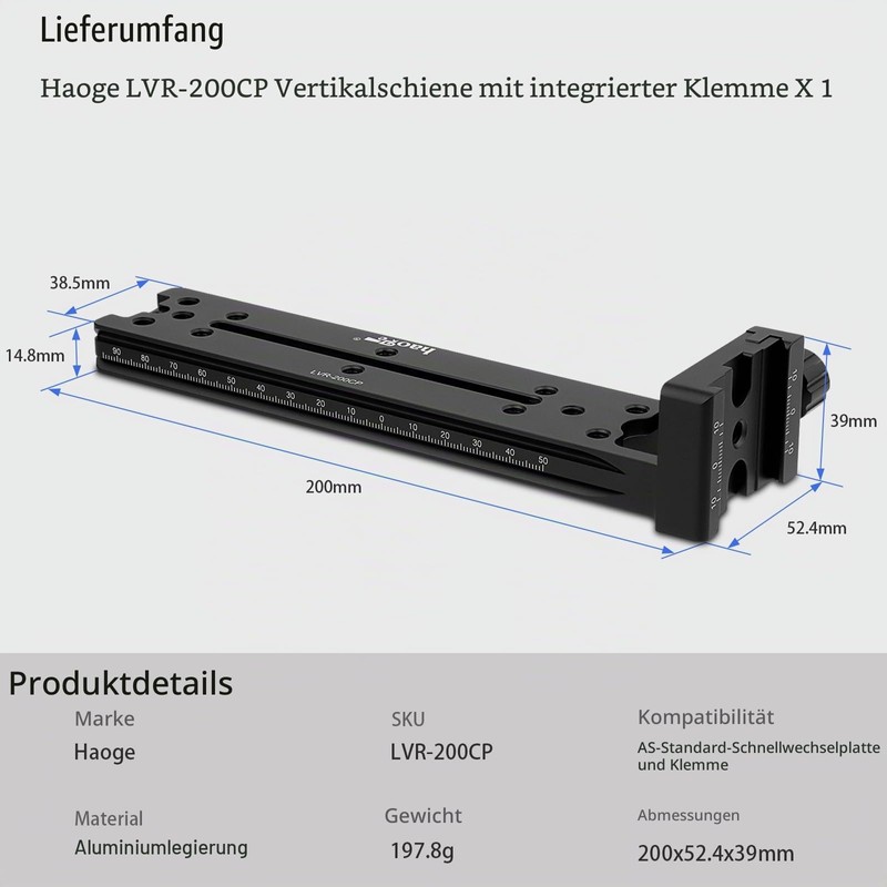 Haoge LVR-200CP Double Dovetail Plate 200mm Vertical Rail with 90