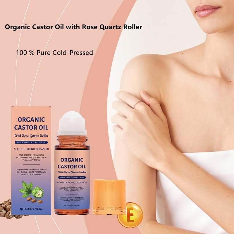 2PC Organic Castor Oil Roll-On with Rose Quartz,100% Pure Cold-Pressed