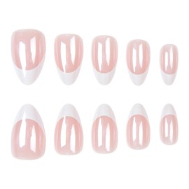 30 Pcs Chrome Press on Nails Almond Short Fake Nails with White French Tip Designs Glossy False Nails Press ons Light Pink Glue Stick on Nails for Women Girls