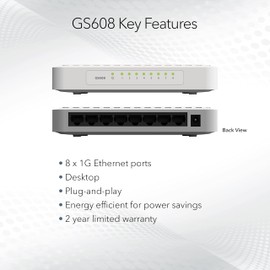 NETGEAR 8-Port Gigabit Ethernet Unmanaged Switch (GS608) - Desktop or Wall Mount, Home Network Hub, Ethernet Splitter, Silent Operation, Plug-and-Play
