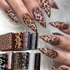 Leopard Print Nail Foils Transfer Stickers 10Pcs Leopard Snake Print Nail Foils Decals Designs Supplies Bagged Laser Starry Sky Paper Manicure Accessories for Women Spring Nail Art Decorations
