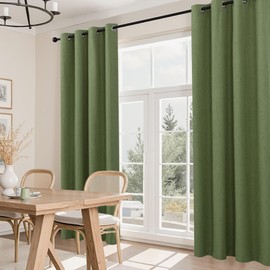Mrs.Naturall Olive Green Curtains for Living Room,Grommet Boho Dark Academia Linen Blackout Curtains for Bedroom 84 Inch Length 2 Panels Set,Moss Pine Green
