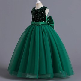IDOPIP 3-14T Flower Girl Elegant Formal Sparkle Sequin Tutu Dress Wedding Bridesmaid Dress Princess Satin Bowknot Christening Dress Full Length Prom Communion Birthday Party Outfit Green 13-14 Years