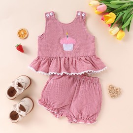 Kayotuas Baby Girl Birthday Outfit Gingham Embroidery Cupcake Tank Top and Bubble Shorts Infant Plaid Outfits Summer Clothes (Red, 6-12 Months)