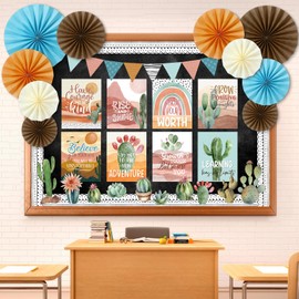Pajean 62 Pcs Boho Desert Classroom Bulletin Board Decorations with 3D Paper Fans Inspirational Posters Cactus Cutouts Motivational Growth Mindset Bulletin Board for School Classroom Home Decorations