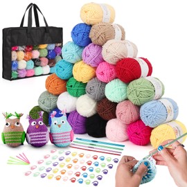 Aeelike Crochet Yarn Set 28 x 25g Multi Coloured Knitting Yarn Crochet Wool Yarn with Metal Crochet Hooks Acrylic Yarn for Crochet Kits for Beginners Adults Soft Wool for Knitting Crocheting Crafts