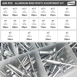 428 pieces aluminium rivets 3.2/4/5 mm, pop rivets, steel rivets, aluminium blind rivets, 18 sizes, aluminium blind rivets, assortment pop rivets set with storage box for metal, wood, plastic