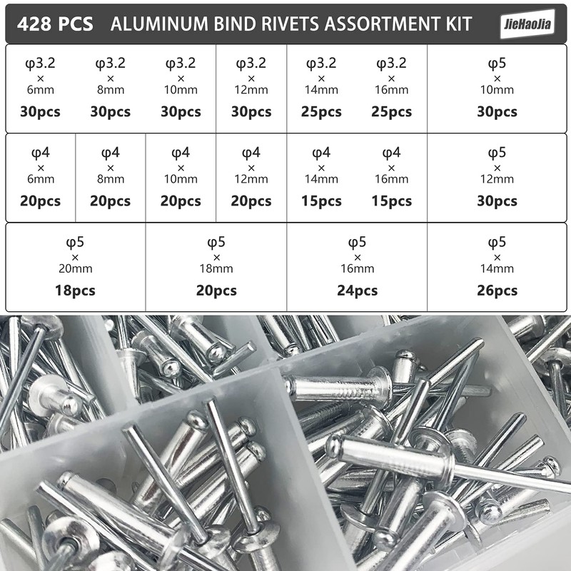 428 pieces aluminium rivets 3.2/4/5 mm, pop rivets, steel rivets,