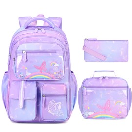 ACESAK Kids School Backpack for Girls, Butterfly Theme, Purple, Medium Size, Laptop Backpack with Insulated Lunch Bag & Pencil Pouch Set for Girls Kids Teens Elementary Middle School Student