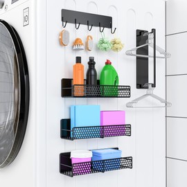 Bwesdero Heavy Duty Magnetic Shelves 5-Pack with Hooks - 11lb Laundry Organizer for Washer Dryer & Fridge Spice Rack | No Drill Storage (Black, 5PCS)