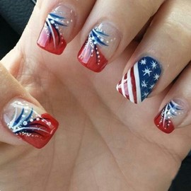 Independence Day Press on Nails Short Square Stripe Wave Points USA Flag Design French False Nails July 4 Fake Nails Artificial Acrylic Nails Full Cover Glossy Coffin Nails Glue on Nails for Women