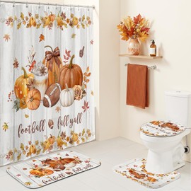 4pcs Farmhouse Pumpkin Fall Bathroom Decor Shower Curtain Set 72 X 72 Inch