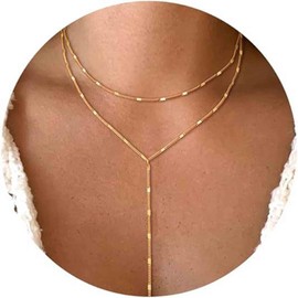 Aneneiceera Vintage Layered Gold Y Lariat Necklace Gold Long Chain Y Necklace Thin Chain Wrap Choker Necklace Minimalist Y Drop Necklace Jewelry for Women (2 Layer)