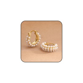 Pearl Earrings for Women, Trendy Pearl Gold Plated Chunky Hoop Dangle Earrings Simple Unique Statement Piercing Earrings for Girls Holiday Jewelry Gifts (Gold)