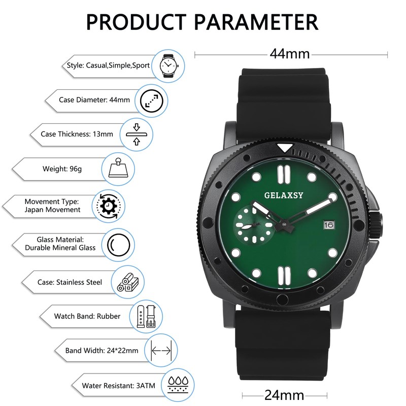 GELAXSY Mens 44mm Quartz Watch with Analogue Display Date Window
