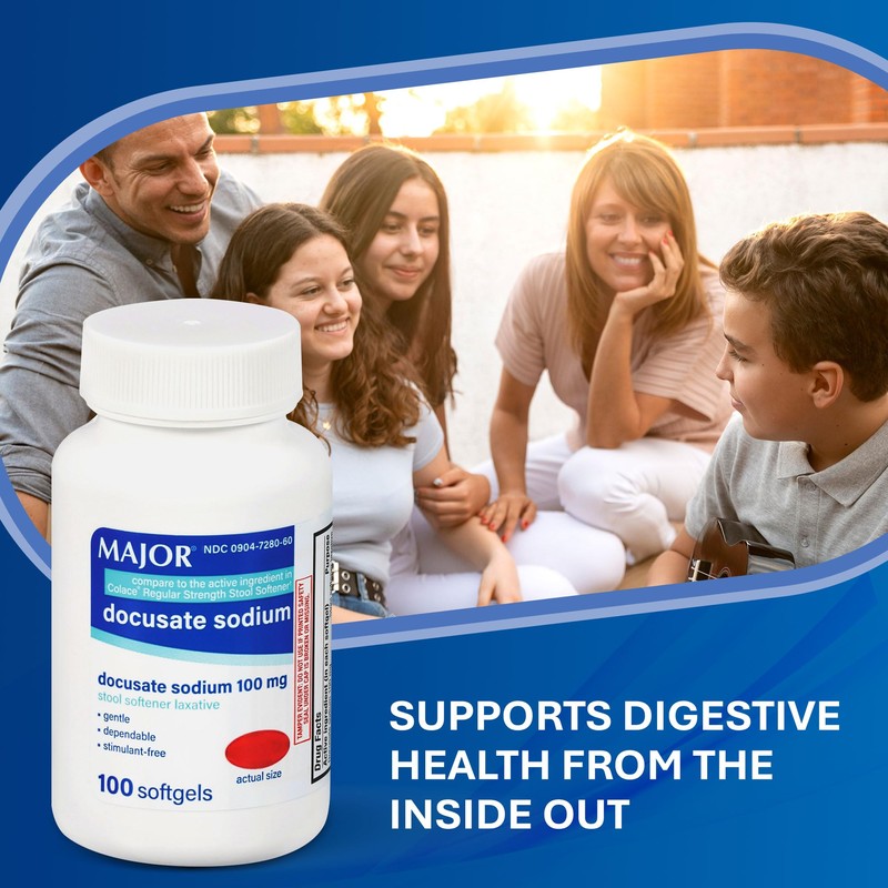 MAJOR Docusate Sodium 100mg Softgels, Stool Softener Laxative for Occasional