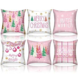 HunnmingRe 6 Set of Winter Watercolor Christmas Throw Pillow Covers 18 x 18 Inch Holiday Cushion Case Decoration Seasonal Decorative Outdoor Pillowcase for Couch Sofa Porch Farmhouse(Pink)