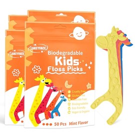 Lakeyface Hilo dental biodegradable para niños, 200 unidades, palillos de hilo dental con forma de jirafa, sin flúor, sin BPA, ecológicos, con sabor a menta, 4 colores, 50 unidades (paquete de 4)