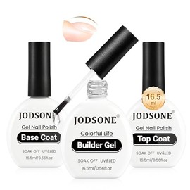 JODSONE 3Pcs 16.5ml Top Coat And Base Coat Set with Builder Gel No Wipe Top Coat Base Gel Builder for Thickening Strengthener Building Extension Need U V Lamp Cured