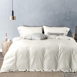 JELLYMONI White 100% Washed Cotton Duvet Cover Set, 3 Pieces Luxury Soft Bedding Set with Buttons Closure. Solid Color Pattern Duvet Cover King Size(No Comforter)