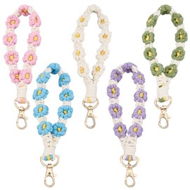 CREATCABIN 5Pcs 5 Styles Macrame Wristlet Keychain Flower Wrist Keychains Bulk Cotton Boho Weave Handmade Rope Lanyard Bracelet Keyring Holder for Keys Phone Backpack Bags Purse Women Supplies