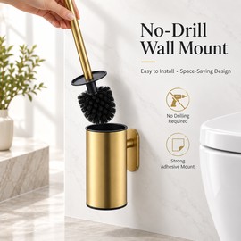 Gold Wall-Mounted Toilet Brush Set – No-Drill Stainless Steel Bathroom Cleaning Brush with Removable Liner & Splash Guard