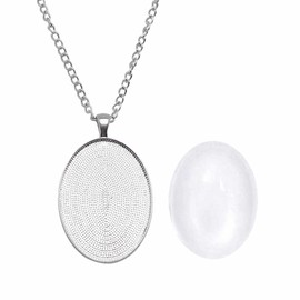 Julie Wang 10 Sets Oval Bezel Pendant Kit with Glass Cabochon and Chain for Jewellery Making Necklace Silver 40 x 30 mm