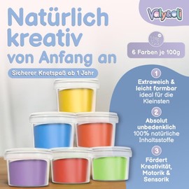 Valy&Oli® Knete - Extraweiche Naturknete - Vegane Bio Knete - Kinderknete ab 1 2 3 Jahren - XL Set 6 Farben à 100g - Reaktivierbar mit Wasser - Knetmasse ohne Mikroplastik - Ungiftig - Made in DE