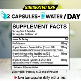 Benfotiamine Capsules 4600mg - 3 Extract Potent Herbs with Turmeric, Ashwagandha, Gymnema - 120 Counts - Non-GMO, Gluten Free