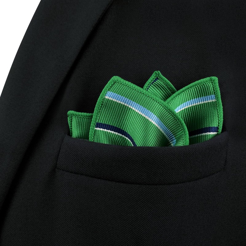 [S&W SHLAX&WING] Men's Striped Pocket Square Kelly Green Blue Stripe
