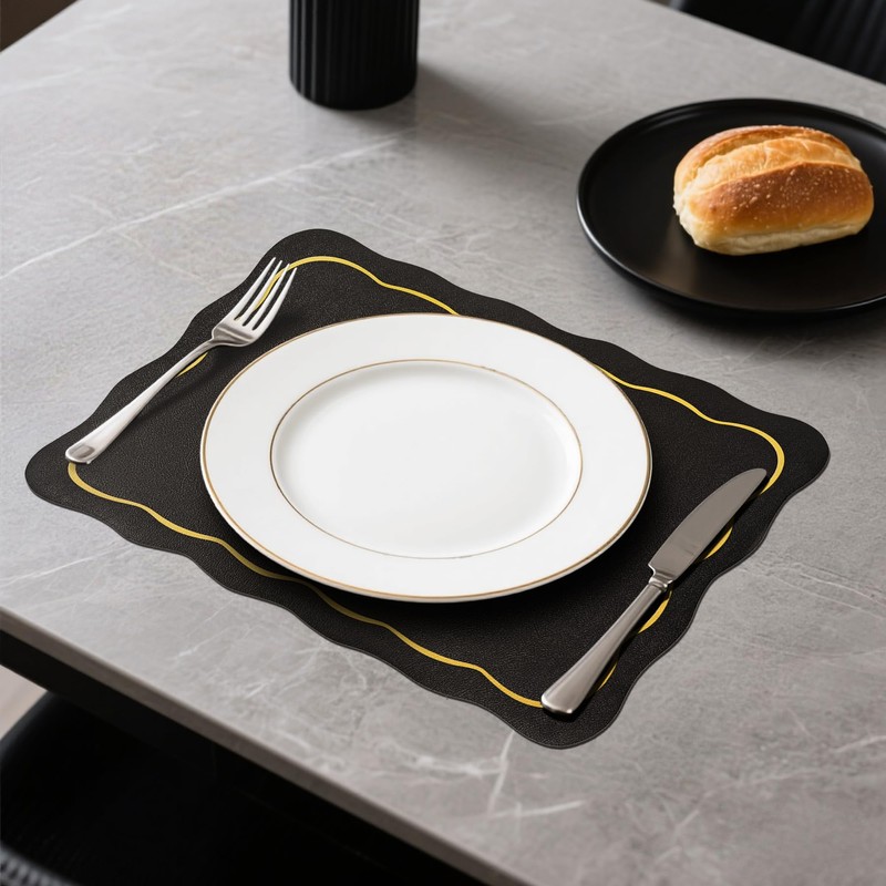 Stranthother Black and Gold Scalloped Leather Placemats Set of 6
