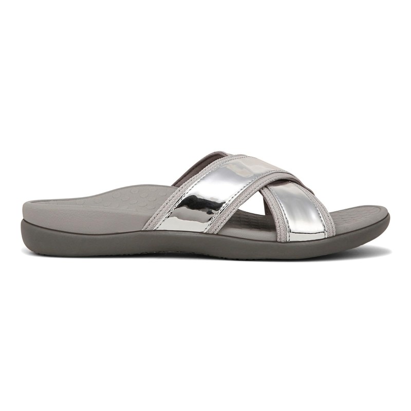 Vionic Merced Womens Cross Strap Slide Orthotic Sanda Silver -
