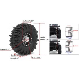 HOBBYSOUL 64mm Tall 1.0 tires & Adjustable Offset 1.0 wheels, Soft Sticky 1.0 Mud slingers Tires & Negative Offset 1.0 Beadlock Wheels Fit For 1:24 SCX24 & 1/18 TRX4M Crawler