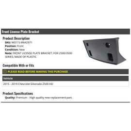 Marketplace Auto Parts Front License Plate Bracket - Compatible With 2015-2019 Chevy Silverado 2500 Hd