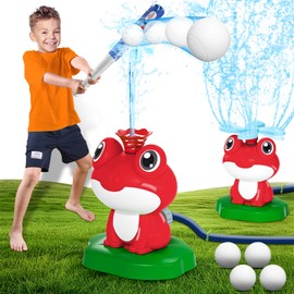 KIZJORYA 2-in-1 Water Sprinkler Baseball Toy for Kids Outdoor Play, 360° Rotating Spray and 2 Sprinkler Heads for Splashing and T-Ball Games, Summer Backyard Lawn Activities for Toddler Ages 3+ (Red)